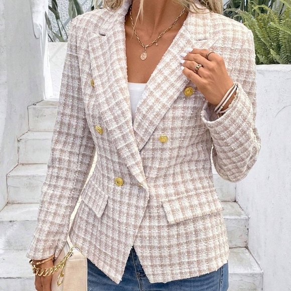 Apricot Elegant Womens Plaid Pattern Double Breasted Flap Detail Blazer - Picture 5 of 5